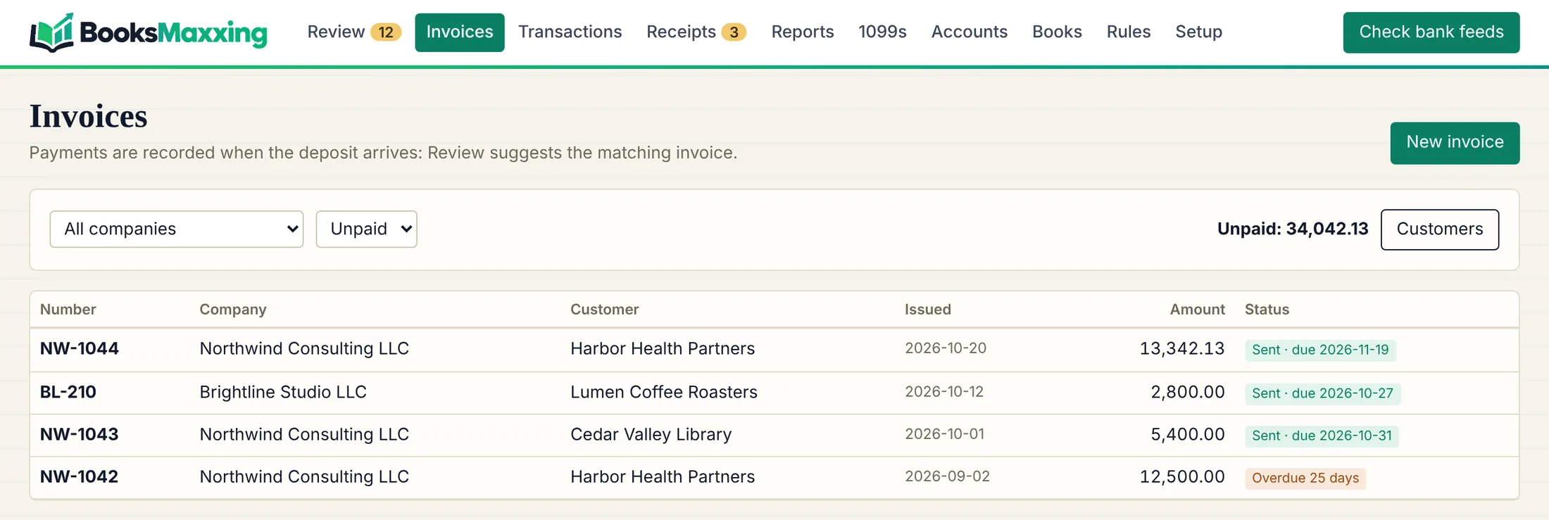 A list of unpaid invoices from two companies, one of them overdue