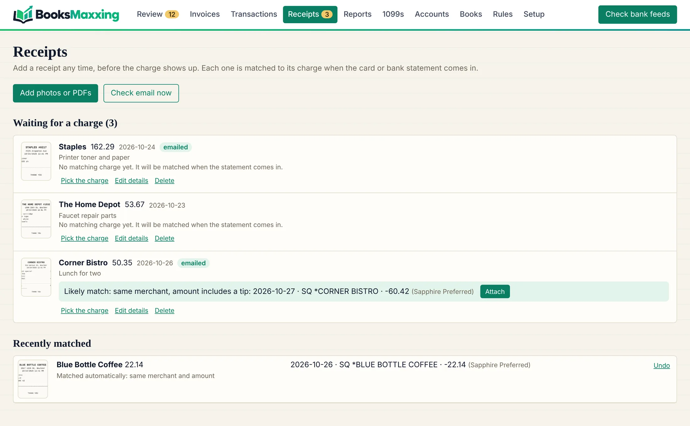 The Receipts screen, with receipts waiting for their charge and one likely match ready to attach