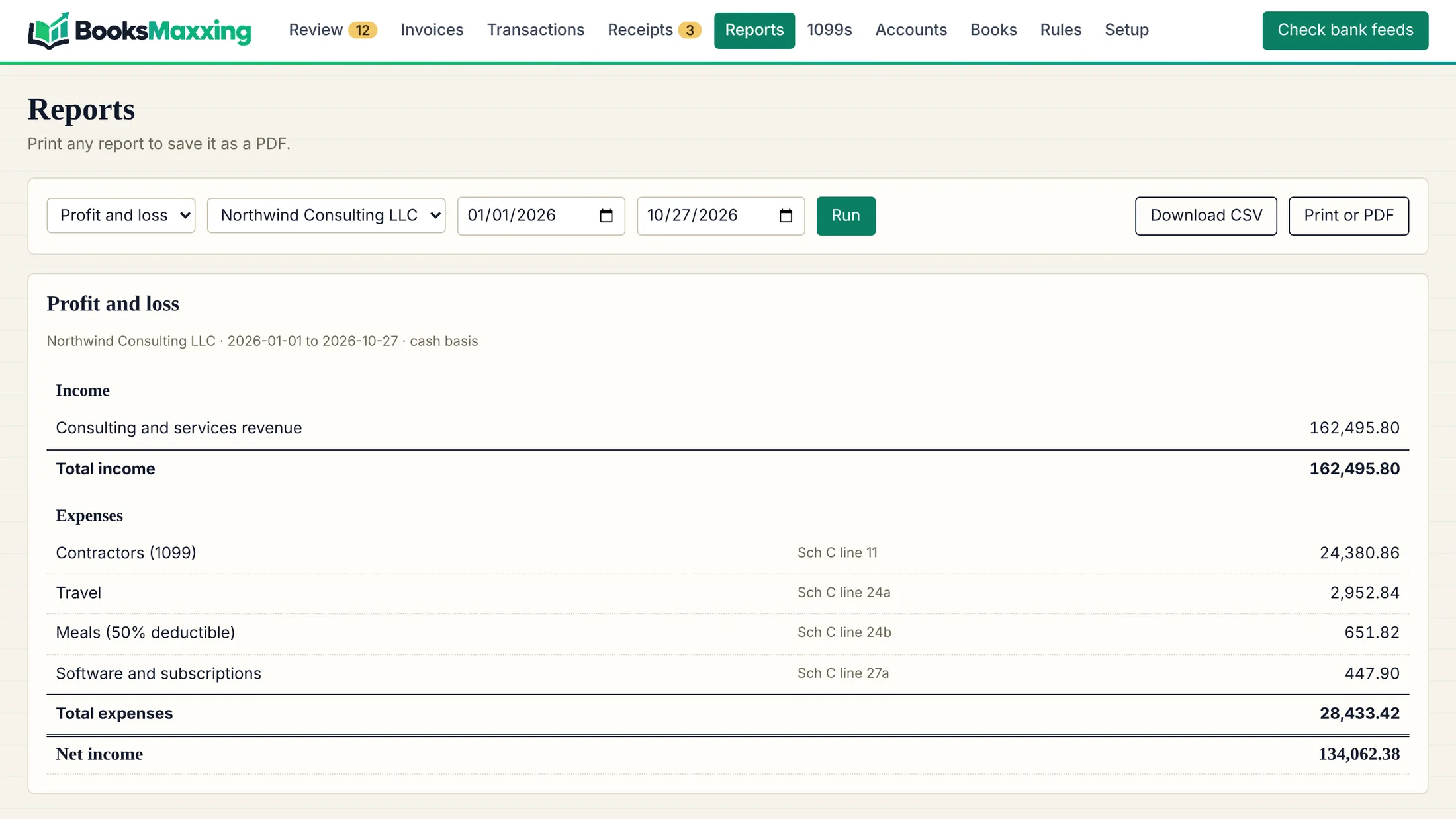 A profit and loss report for one company, with Schedule C line numbers